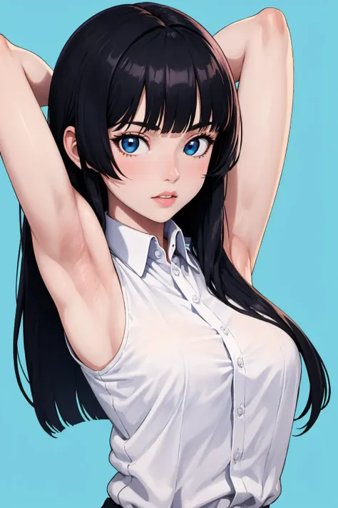 anime girl with long black hair and blue eyes posing