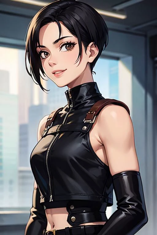 spiky bald hairstyle, short hair, mexican skin, gloves, crop top military, 1girl ,dark black hair, ((hair cut super short,)), soft Brown eyes, smile lips,