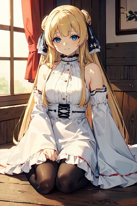 ultra detailed, masterpiece, best quality, solo, soft smile, light smile, column lineup, straight-on, 
1girl, blue eyes, very long hair, blonde hair, long blonde hair, french braid, bangs, medium breasts,
hair ribbon, frilled choker, criss-cross halter, sl...