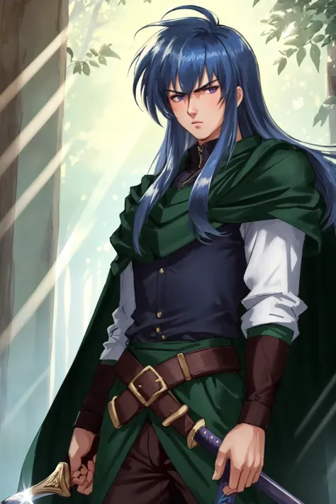 a woman with blue hair and a green cape holding a sword