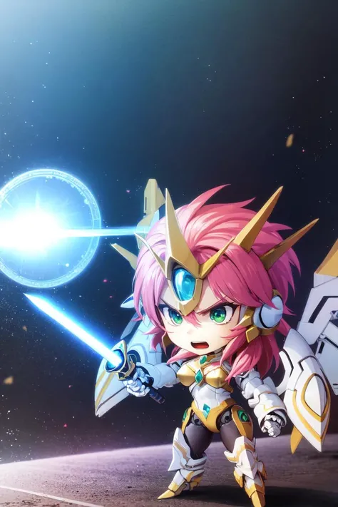 <lora:Kizuki - Super Robot Wars - Valsione R:1>,chibi,valsione r, long hair, pink hair, green eyes, medium breasts,mecha musume, mecha armor, robot, mechnical wings,holding sword,angry,open mouth,dynamic pose,dramatic,masterpiece,best quality,highres,extre...