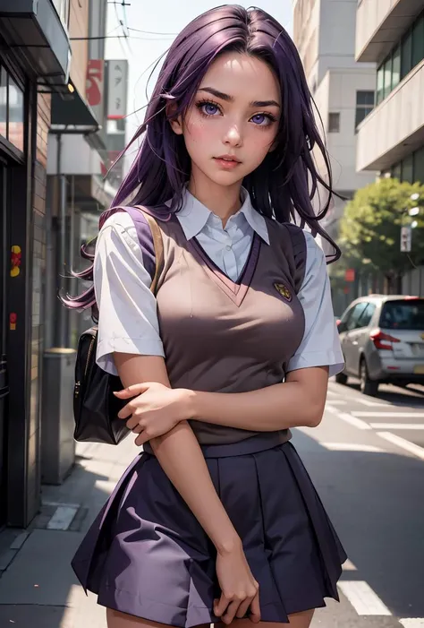 (masterpiece, best quality), 1girl,     <lora:kongoumitsuko:0.8> 1girl, solo,purple hair,long hair, purple eyes, tokiwadai school uniform, sweater vest,skirt,