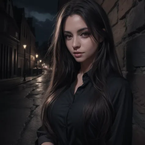 a close up of a woman standing in a dark alley