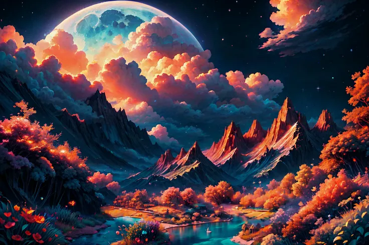 a painting of a mountain landscape with a river and a full moon