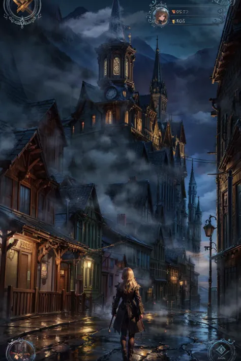 1girl, blonde hair, long hair, user interface, fake screenshot, gothic, gothic architecture, (gameplay mechanics, heads-up display, health bar, minimap), from behind, standing, outdoors, ruins, scenery, (fog:1.4), cloud, cloudy sky, night sky, night, horro...