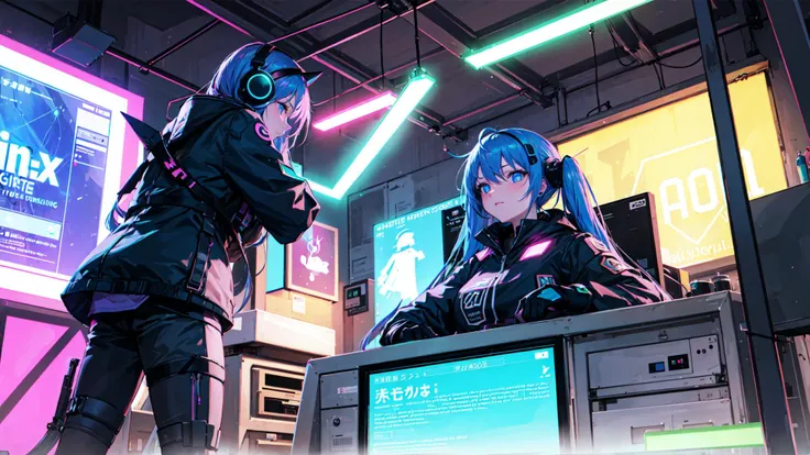 ((best quality)), ((masterpiece)), 1girl, dark gaming bedroom, cyber neon lights, hacker