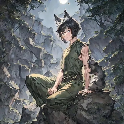 <hypernet:watercoloranime:1> 1guy, wolf ears, wolf tail, black hair, blue eyes, short hair, serious, sitting on a rock, green tu...