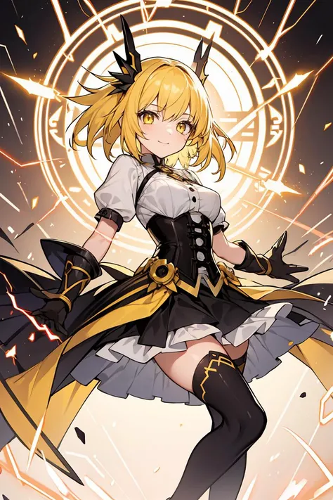 (masterpiece, best quality), 1girl, yellow hair, sparks hair, yellow eyes, electricity sparks, thunder blade, yellow magic circle, yellow corset, black thighhighs, sidelighting, light particles, abstract,