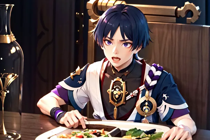 anime character sitting at a table with a plate of food