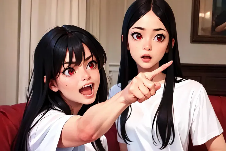 Highly detailed, High Quality, Masterpiece, beautiful, WomanYellingP1, pointing, <lora:WomanYellingAtCatMeme:0.8>, 2girls, black hair, red eyes, long hair, shirt, white shirt