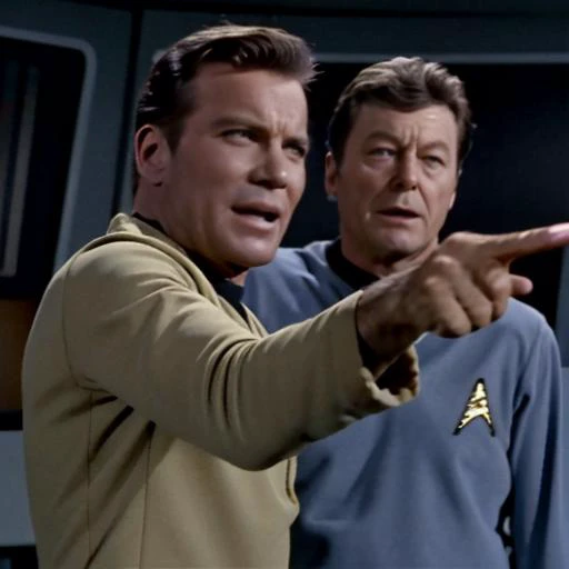 two men in star trek uniforms pointing at something