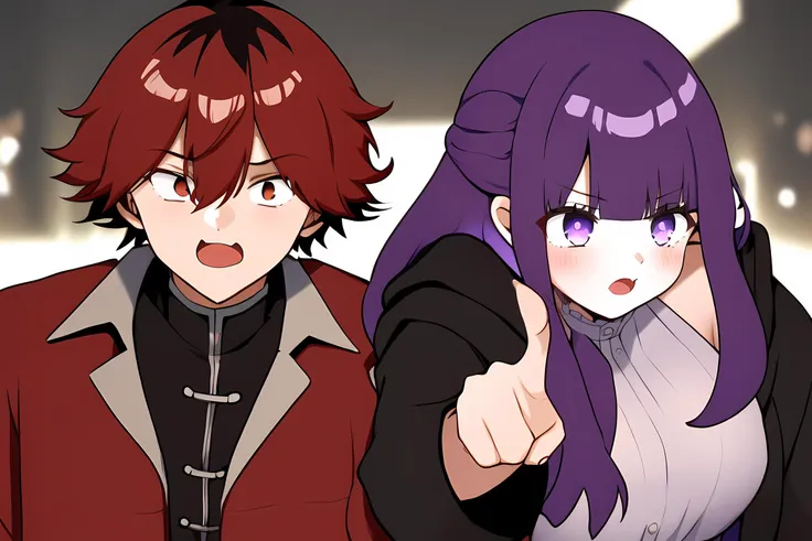 two anime characters are pointing at the camera with their fingers