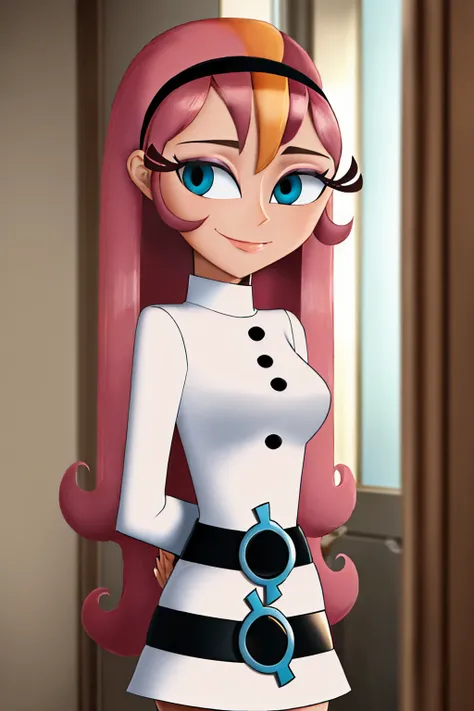 a cartoon girl with pink hair and a white dress