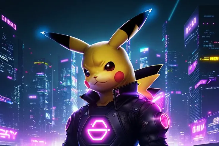 iconic image of  Pikachu, cyberpunk, dark, gritty, dystopian, digital drawing, illustration, backlit, punk hair, night time lights, cyberpunk reimagined, high quality, portrait, beautiful, scaled neon cyberpunk suit, punk hairstyle, beautiful 8k, glowing t...