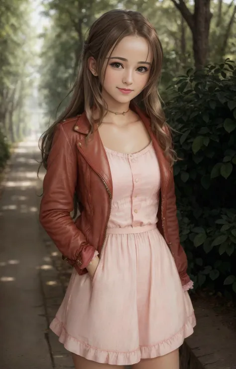 aerith gainsborough,pink dress,red jaket
 <lora:realisticAerith_v1:0.3>, Masterpiece, absurdres, fine detail, HDR, highly detailed face and eyes, photorealistic, smiling,, beautiful petite_doll, a woman ,perfect petite_doll face, perfect petite_doll body, ...