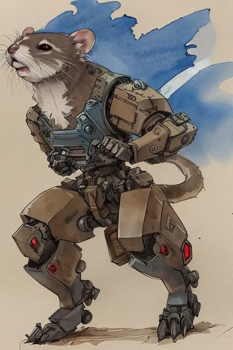 <lora:Mechanimals:0.6>, sketch, ink and watercolor artwork, a mechanized ferret,