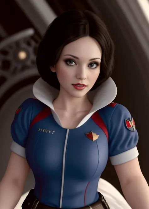 masterpiece, modelshoot style, 8k, realistic, ((photo realistic)), hyper realistic, ultra high quality, Snow White wearing a strtrk uniform, on a starship bridge, highly detailed face, textured skin, military pose <lora:starTrekUniforms_v1:1.5> <lora:SnowW...