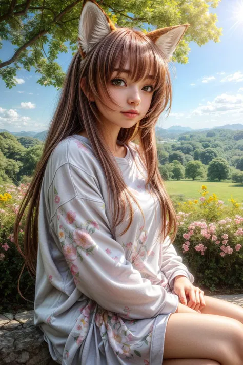 anime, cartoon, 1girl, fox ears, very comfy oversized clothes, sitting, background with flowers and trees,epic comfy light,   <lora:more_details:1>