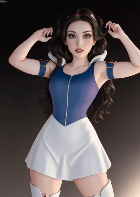 masterpiece, modelshoot style, 8k, realistic, ((photo realistic)), hyper realistic, ultra high quality, (SnowPrincessw:1), Snow White wearing a white sleeveless Starfleet uniform which ends in a short skirt, white thigh high boots, long wavy black hair, gr...