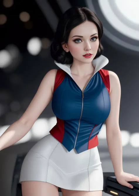 masterpiece, modelshoot style, 8k, realistic, ((photo realistic)), hyper realistic, ultra high quality, Snow White wearing a white sleeveless Starfleet uniform which ends in a short skirt, open vest, white thigh high boots,  on a starship bridge, round fac...