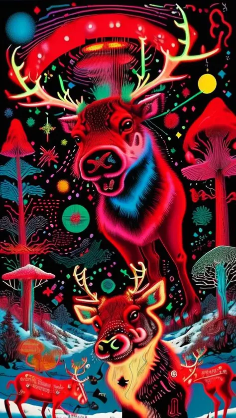 portrait, monumental, neon, glowing  solo red beautiful, (reindeer:1.2), winter, forest, Lapland, red toadstool, fantasy art, doodle art, abstract, high quality, high detailed, <lora:Grand Scale:0.9>, <lora:TUYA5:1.1>,