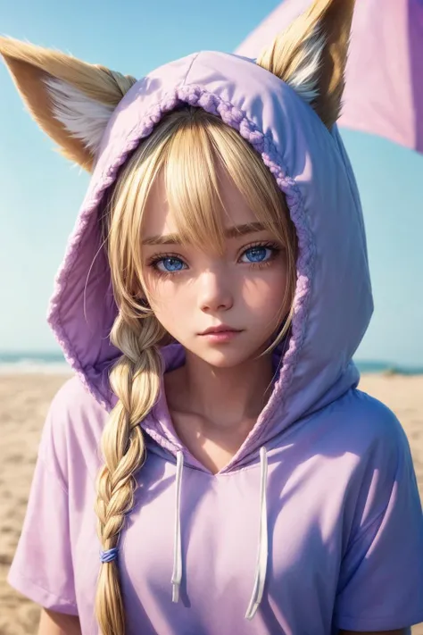 1girl, dog ears, hood up, floppy ears, medium blonde hair, upper body, looking at viewer, pastel colors half shirt, braided ponytail , <lora:add_detail:1>, (masterpiece), (high quality), sharp focus, 8k, high resolution, highly detailed,