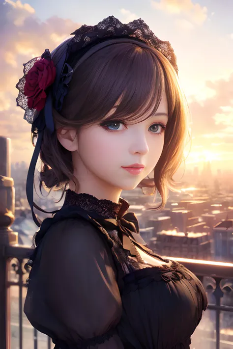 (masterpiece:1.2, best quality, highres, ), (realistic, photorealistic:1.2), lifelike, 1girl, beautiful eyes, gothic_lolita, wind, cityscape, lovely night, natureal light reflection, soft light on the face, unreal-engine, depth of field,