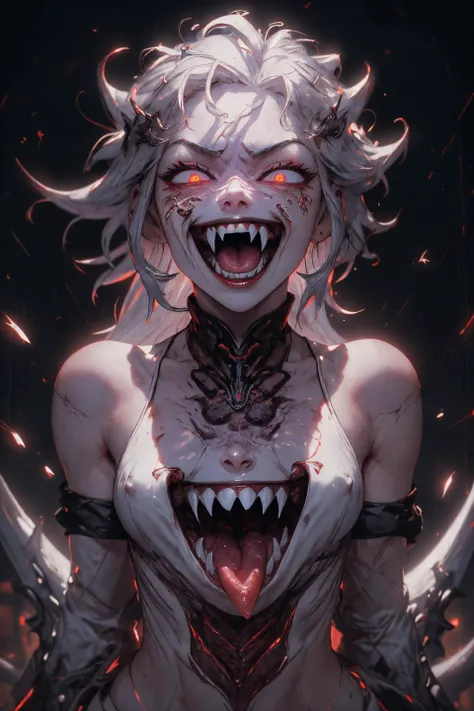 (ultra-detailed), (masterpiece), (best quality), (depth of field), (sharp focus), (cinematic lighting), (vibrant colors),   1 (((girl))), crazy smile, fangs, sharp teeth, mouth open, glowing eyes, blood dripping, horror, white pale skin, patched up, silver...