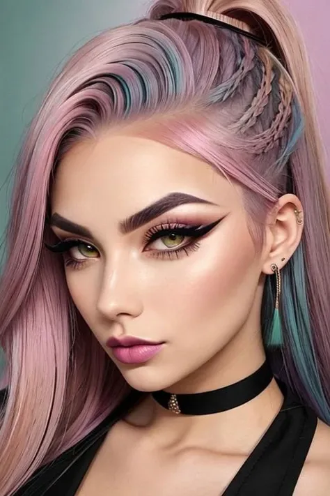 a woman with (two-toned hair:1.35), (gradient hair), (dark green hair) fading to (pink hair), beautiful grey eyes, (variations:1.35), (various hair styles), (various facial expressions), (various poses), high prominent cheekbones, sharp jawline, an oval fa...