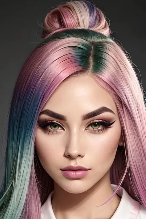 a woman with (two-toned hair:1.35), (gradient hair), (dark green hair) fading to (pink hair), beautiful grey eyes, (variations:1.35), (various hair styles), (various facial expressions), (various poses), high prominent cheekbones, sharp jawline, an oval fa...