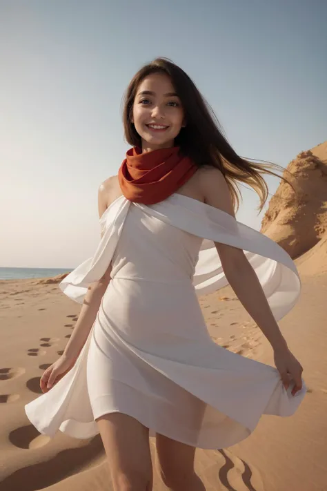 asian girl,walking in sand dune, dynamic pose, colorful hair, upper body,red lips,sand dune,white dress,stong wind,view from below,white cape, white shoulders scarf, 
(insanely detailed,lush detail,insane details,intricate details:1.1)
(evil grin:1.2), (lo...