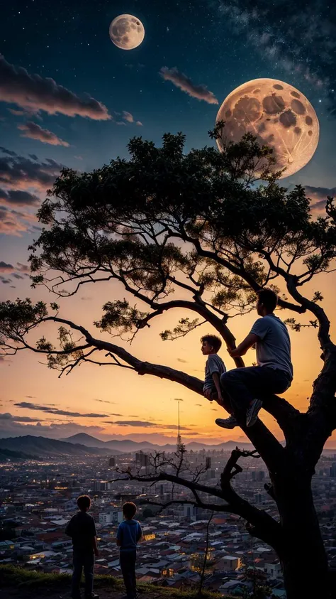 gfsqm, tree, scenery, Colombian mountain,silhouette,branch,moon, tree, 2boys, sky, multiple boys, full moon, cityscape, city, branch,best quality,masterpiece,realistic, <lora:add_detail:1>