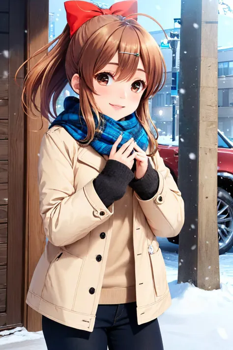 (masterpiece, best quality:1.2), <lora:girlfriendbeta_sakurai:0.8>, cowboy shot, solo, 1girl, sakurai akane, smile, looking at viewer, ponytail, hairclip, hair bow, winter clothes, coat, pants, scarf, snowing