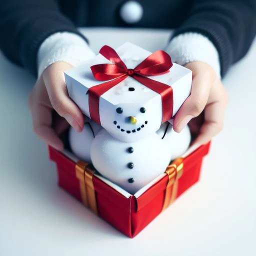 <lora:gift_v1:0.5>, gift, gift_box, snowman, hand