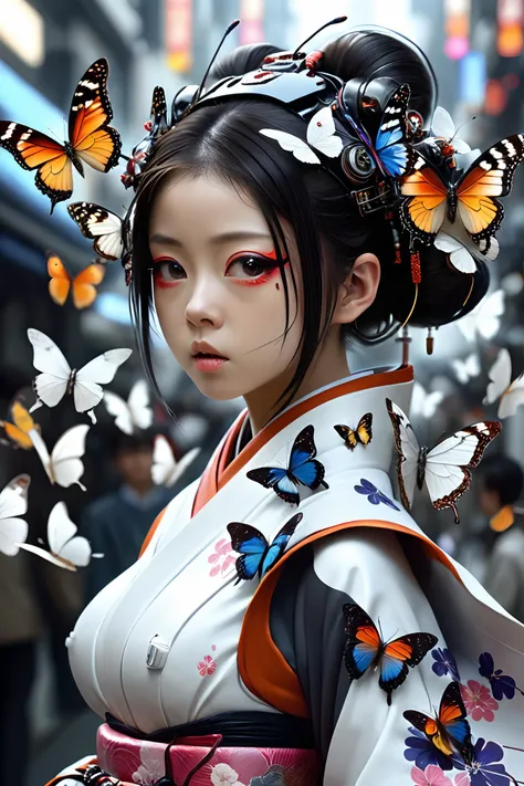 masterpiece, best quality, 1girl,  <lora:kwFemaleBeta42_SDXL_v1:1>, 
Hideyuki Ashizawa, hyperrealistic image depicting a crowded pilgrimage of anthropomorphic biopunk butterflies, bold lines, hyper detailed, cyborg geisha, ghost of the past, present and th...