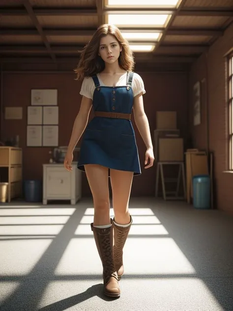 a woman in a blue dress and brown boots walking through a room