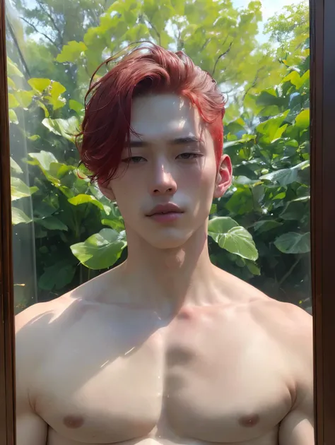 (8k, RAW photo, best quality, masterpiece:1.2), (realistic, photo-realistic:1.4), ultra-detailed, (high detailed skin:1.2), (asian) pale skin, white and red hair, handsome 1man,  <lora:PrettyBoyV2:1>