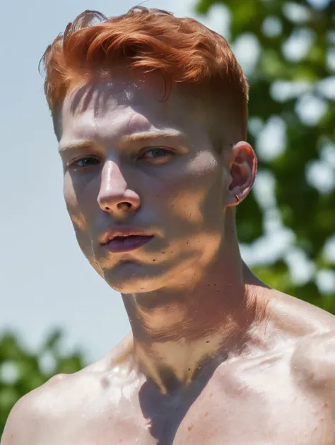 arafed man with red hair and no shirt standing in front of trees