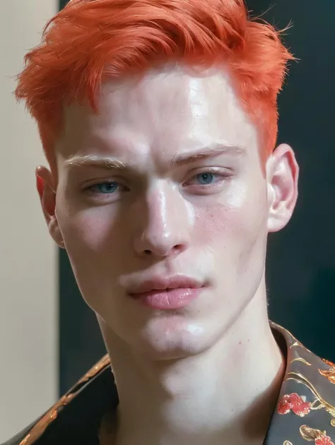 a close up of a man with a red hair and a floral shirt