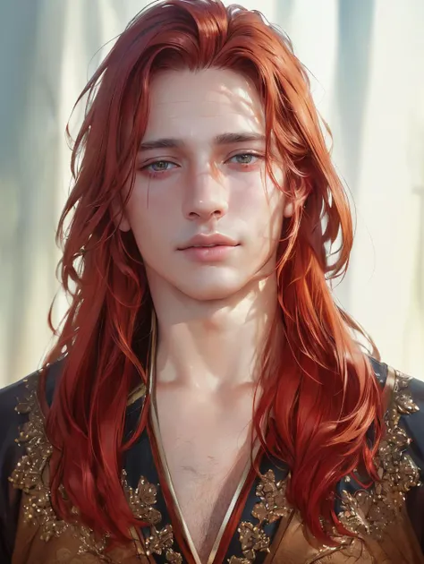 (8k, RAW photo, best quality, masterpiece:1.2), (realistic, photo-realistic:1.4), ultra-detailed, (high detailed skin:1.2), Caucasian long red hair, handsome 1man,  <lora:PrettyBoyV2:1>