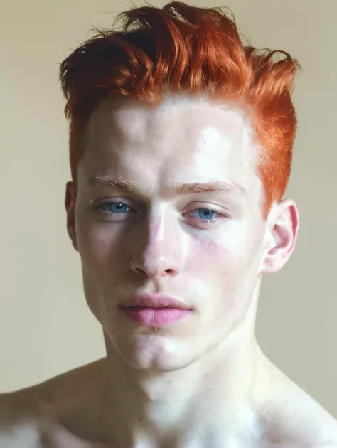 a close up of a man with red hair and a shirtless face