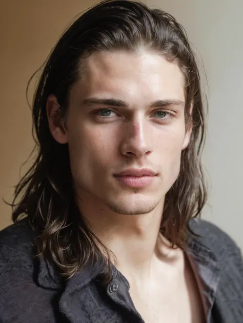 a close up of a man with long hair and a shirt