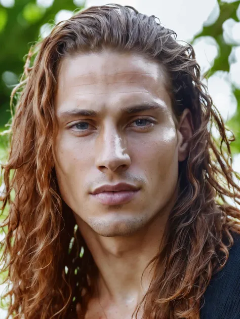 a close up of a man with long hair and a black shirt