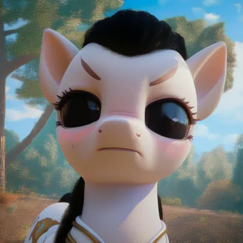 score_9,score_8_up,score_7_up,score_6_up, source_pony, 3d render,
pony, ashrah,black hair,white robes. gold trim, black sclera, facial mark,looking at viewer, serious, scrunch, blush, 
outside, park, trees, blue sky, 
<lora:ashrahMK1:.7> <lora:Photo 2 Styl...