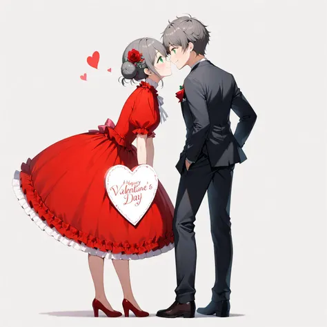 (masterpiece, best quality, pair, "Valentines Day", face to face from side), gray bun-hair, green eyes cute smile tilt face red-frilling-dress standing girl, a big heart, a black-suits gentle-boy, simple background