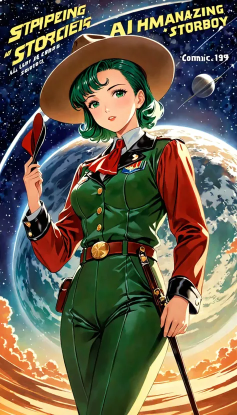 a cover for a comic book, a comic book cover about all space cowboy, 1 cowboy wearing a hat in the style of amazing stories, 1940s 1950s, red and green, comic art, realistic genre scenes, romanticized realism dynamic