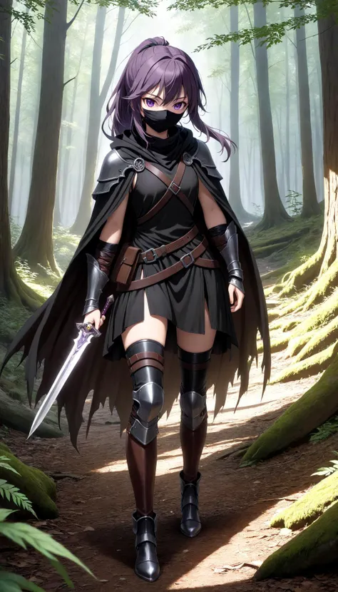 (anime, solo full-body rogue girl, real detailed leather-armor, holding a detailed dagger, searching around), cute-purple-eyes, ponytail-hair, realistic-size black-bandana mask-face, black inner clothes, medium cloak BREAK (raw photo, day lighting, misty),...