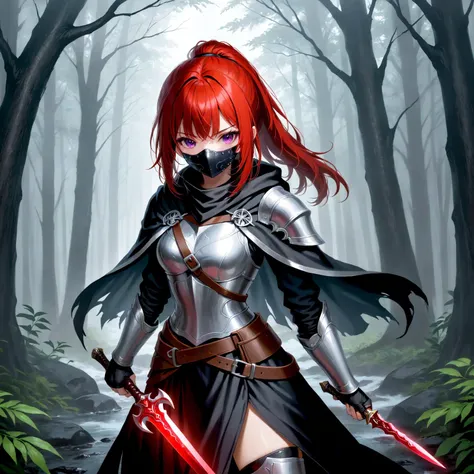 (solo rogue girl, detailed leather-armor, holding a magical dagger, searching around), cute-purple-eyes, black red ponytail-hair, realistic-size black-bandana face-guard, black inner clothes, medium cloak BREAK (dark lighting), foggy forest