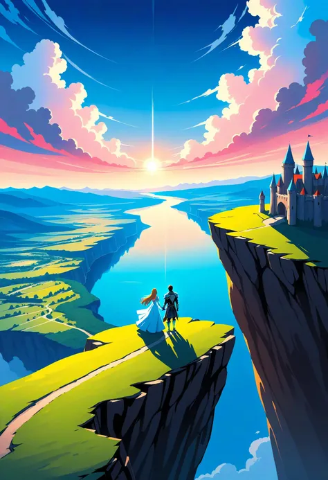 1girl and 1boy holding hands, a knight and a princess standing on the edge of a cliff, slightly from above, rear view, fantasy landscape, clouds, colorful,