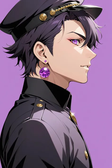 (masterpiece, best quality:1.2), kujo_jotaro, 1boy, black_hair, close-up, earrings, gakuran, hat, jewelry, jojo_pose, looking_to_the_side, male_focus, pink_shirt, purple_background, school_uniform, shirt, short_hair, solo